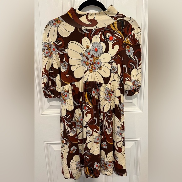 Toast Retro Style Mod 70s Inspired Brown & Cream Floral Midi Dress in Size Small - Picture 1 of 16